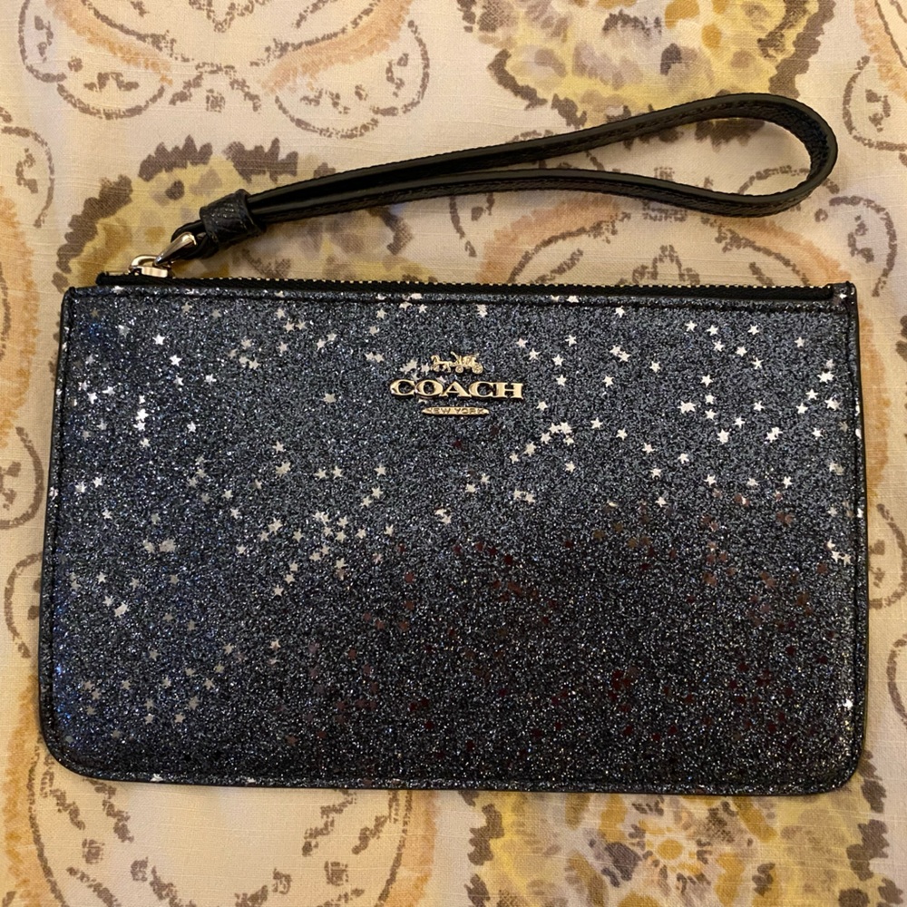 NWOT Coach Silver and Navy Star Glitter Wristlet